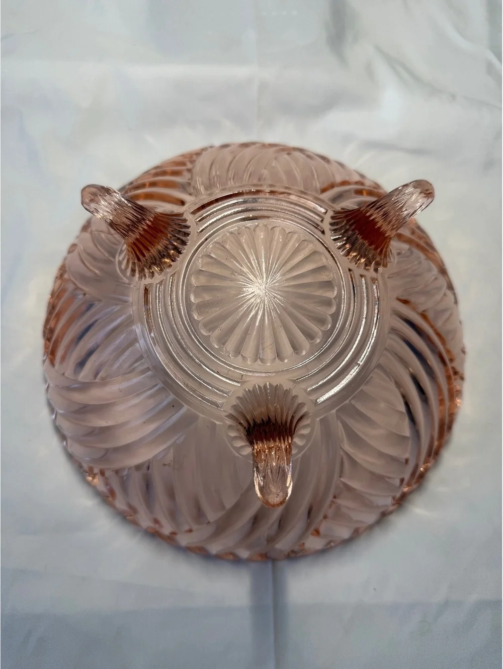 Vintage Pink Depression Glass Spiral Swirl 3 Footed Console Bowl Serving